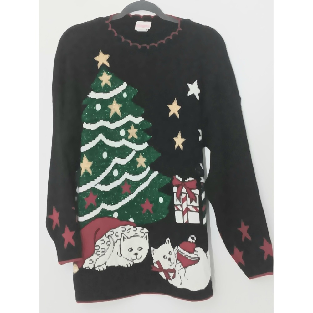 Holiday Time Sweater Women's Size L Christmas‎ Black Pullover Cats Pre-owned